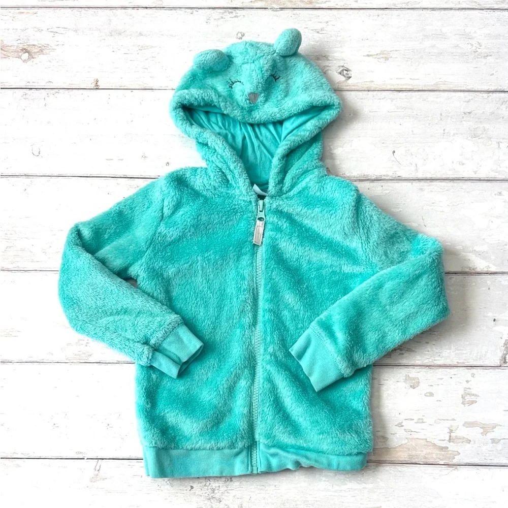Carters 4T Girls Fleece Bear Jacket Teal Blue Zip Up Sweatshirt Size 4